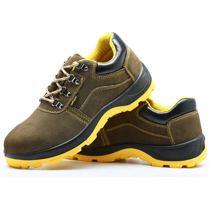 Bronze cowhide steel toe safety shoes with anti-skid sole for workplace protection