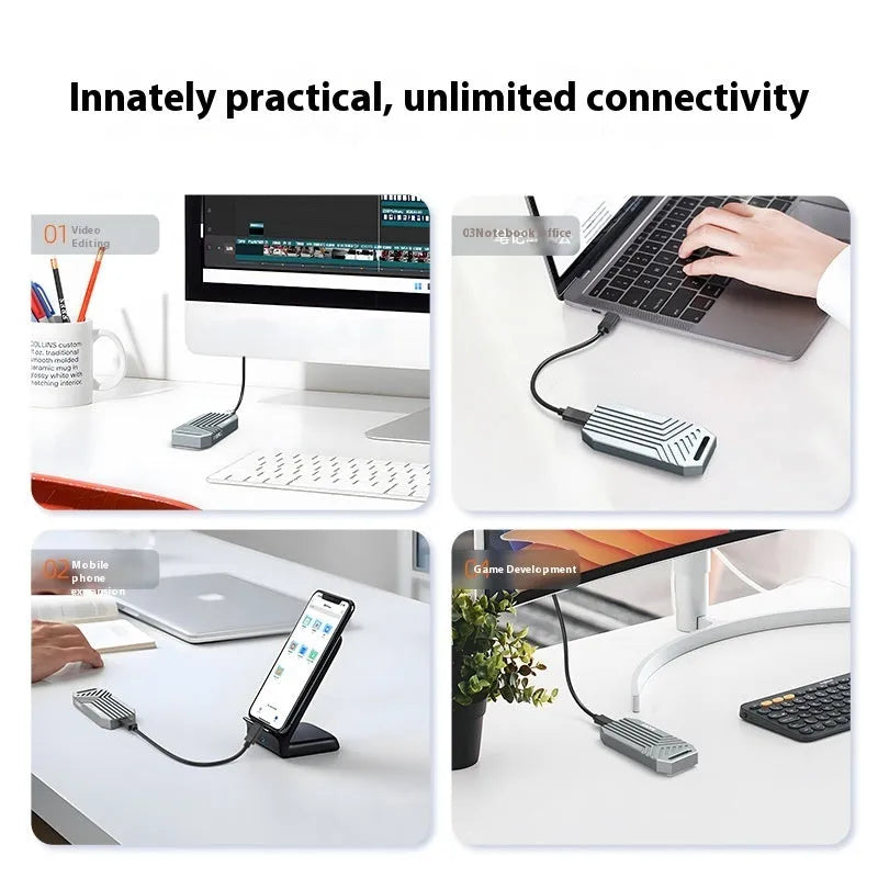 Silver aluminium external SSD enclosure for M.2 drives with Thunderbolt 4 40Gbps port