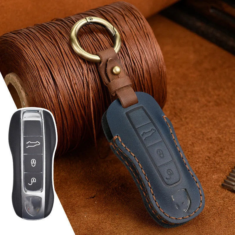 Porsche leather key case with retro bag buckle in blue or brown colour