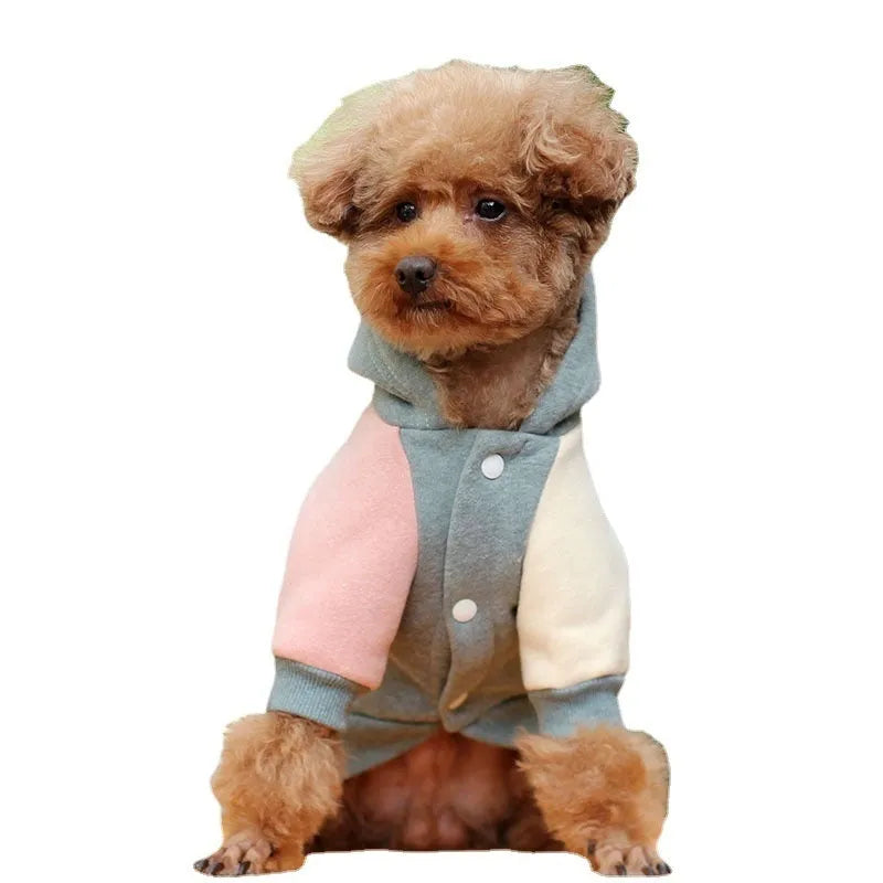 Brown cotton pet sweatshirt on dog showing size fit and casual design