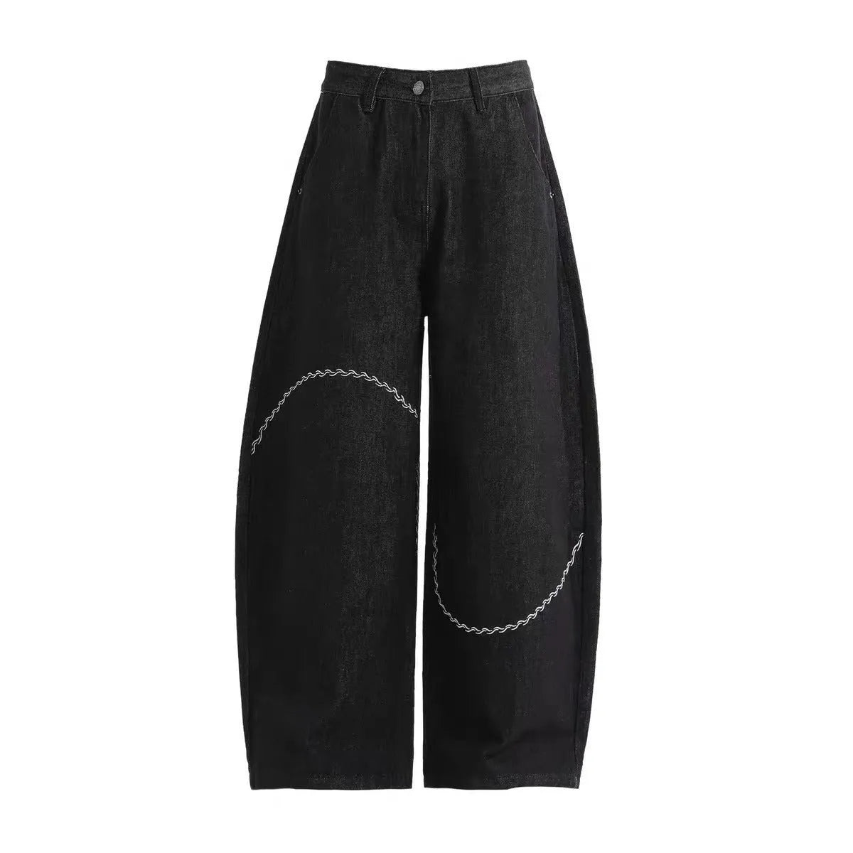 Black straight-leg denim trousers for teenagers on a hanger, showing mid-waist and zip fly detail.