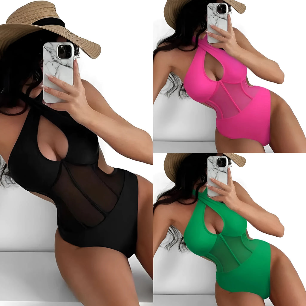 Ladies one-piece swimsuit bikini in nylon blend fabric, shown in black, rose red, and green colour options.