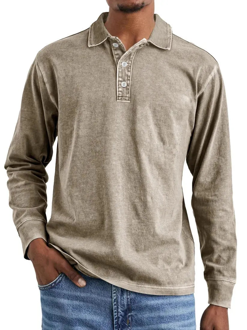 Retro washed pure cotton polo shirt with a distressed lapel and long sleeves on a hanger.