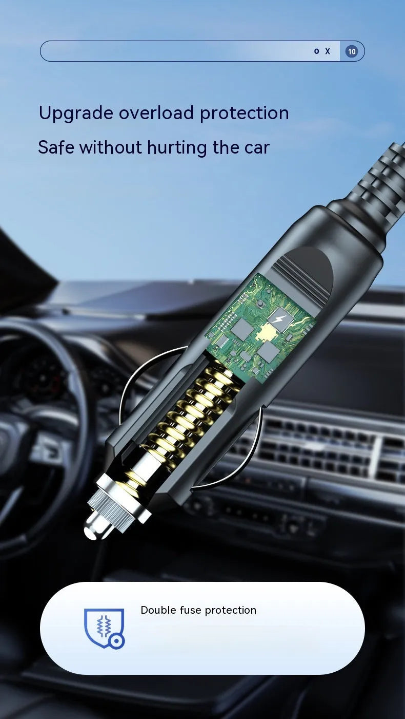 Wireless digital display car air pump and vacuum cleaner with LED light, Type-C port, and storage bag.