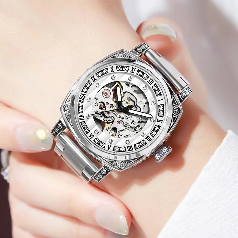 Mechanical watch with luminous hands on leather belt showing 10m waterproof rating and available colour options