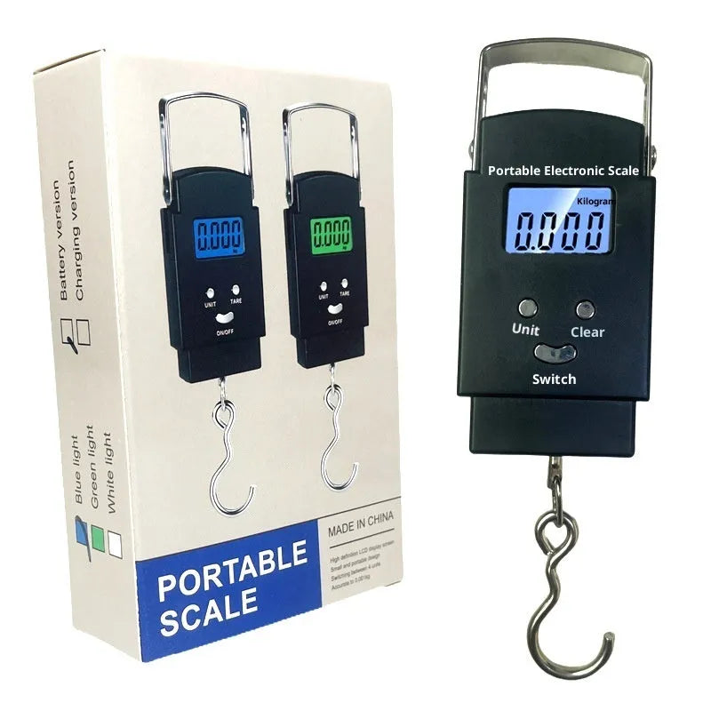 Mini handheld plastic electronic scale with blue backlight display, 50kg capacity