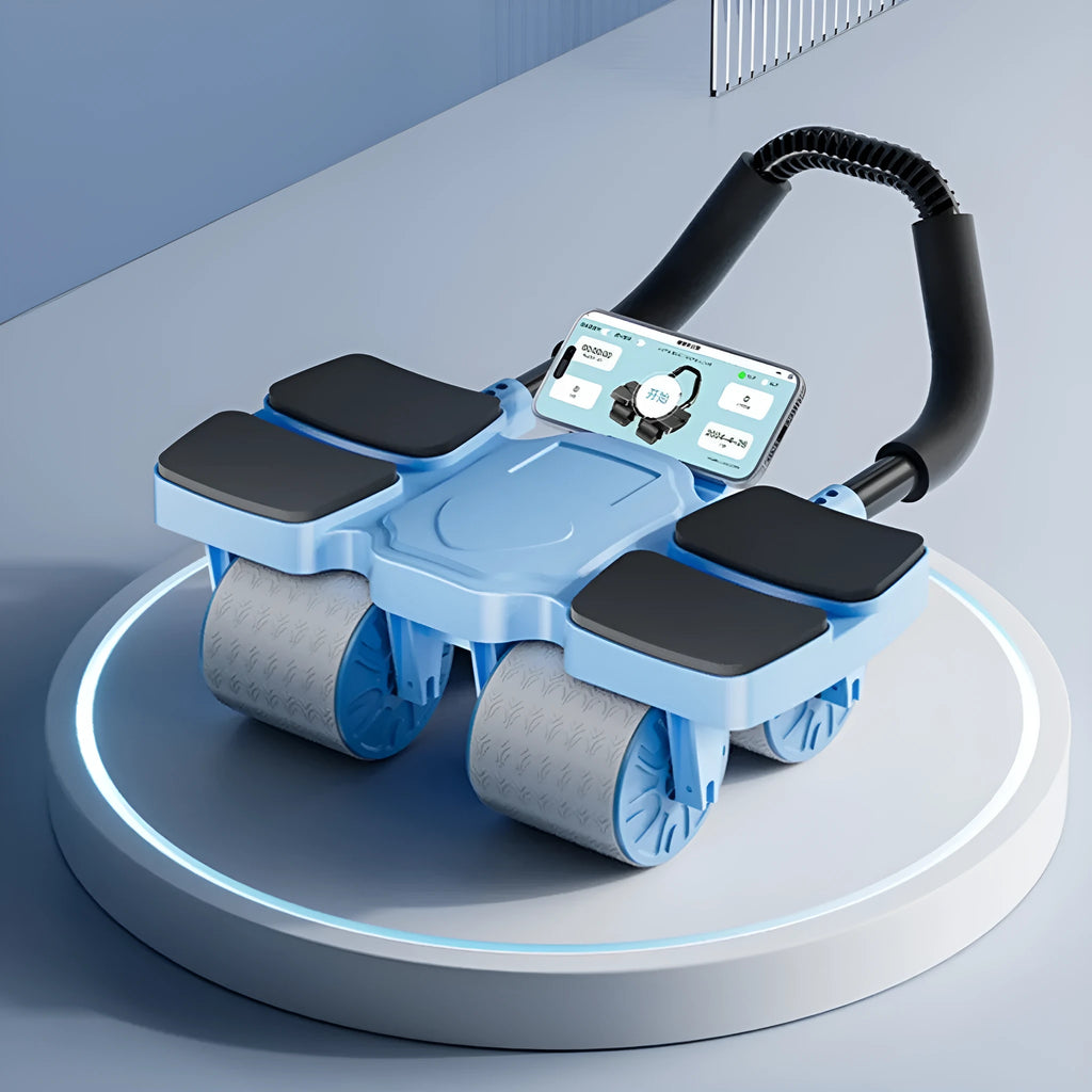 Automatic rebound abdominal wheel with four wheels in blue colour on a floor mat.