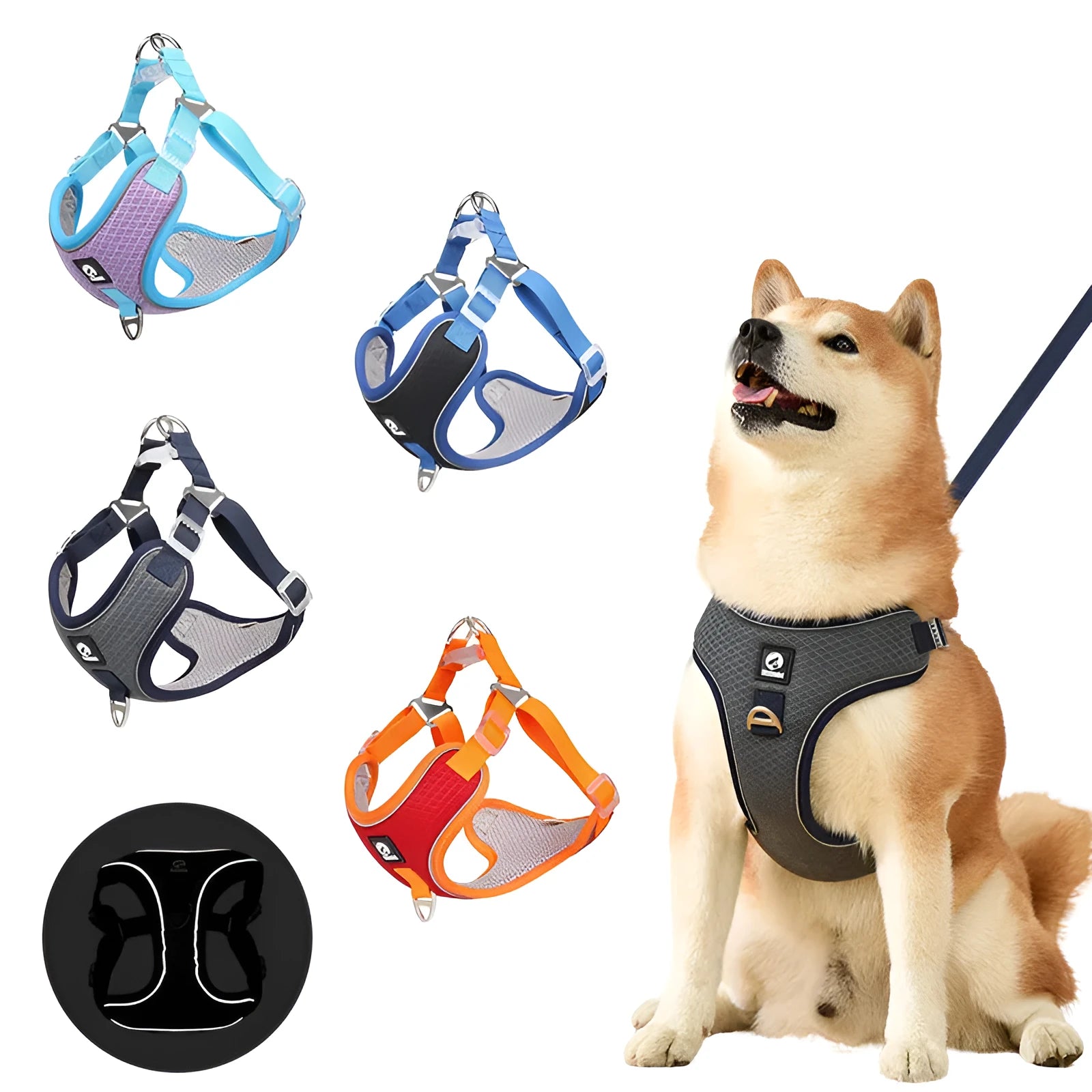 Adjustable dog harness with reflective piping in black, red, grey or light purple colours