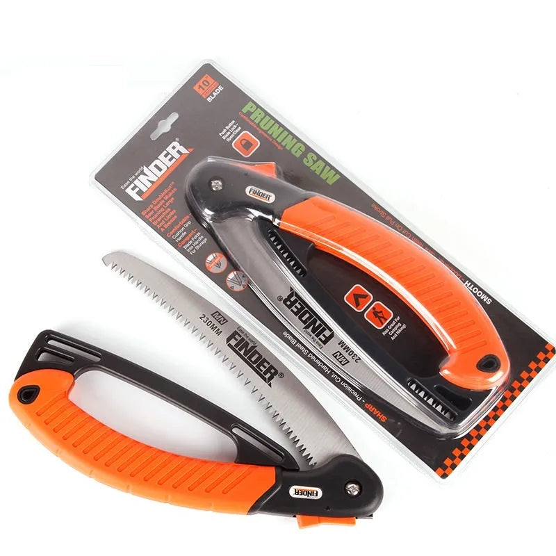 Folding garden saw with TPR grip and 230mm steel blade extended for cutting