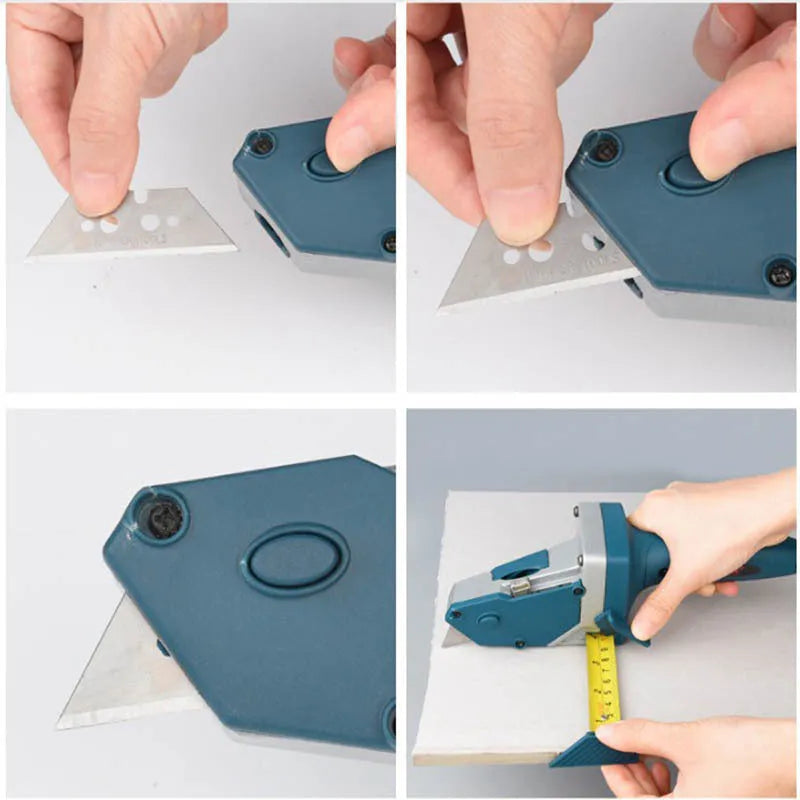 Blue multifunctional woodworking cutter with aluminium alloy frame and TPR handle for dust-free board cutting.