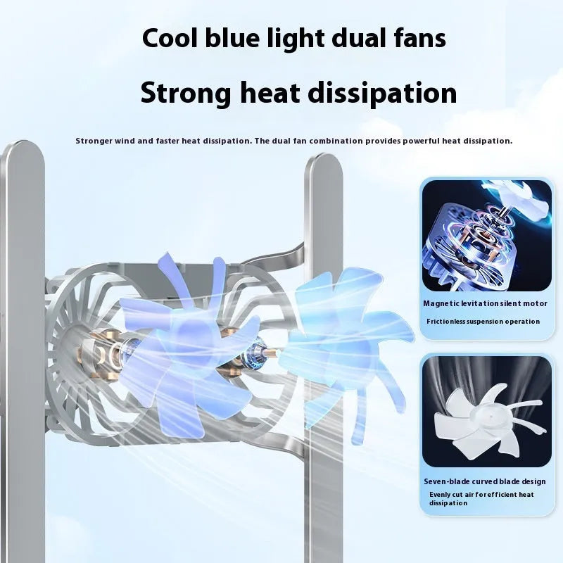 Silver aluminium laptop cooling stand with twin fans and height adjustment, shown folded.