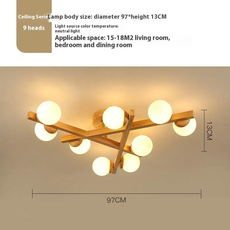 Nordic wooden style ceiling light fixture with three neutral white light heads