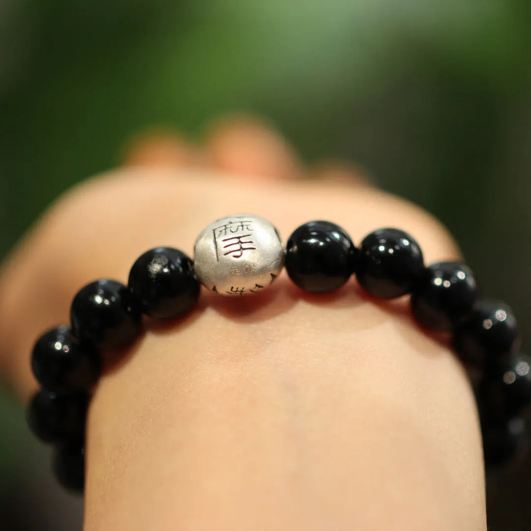 10mm black agate bead bracelet with sterling silver components in Chinese style