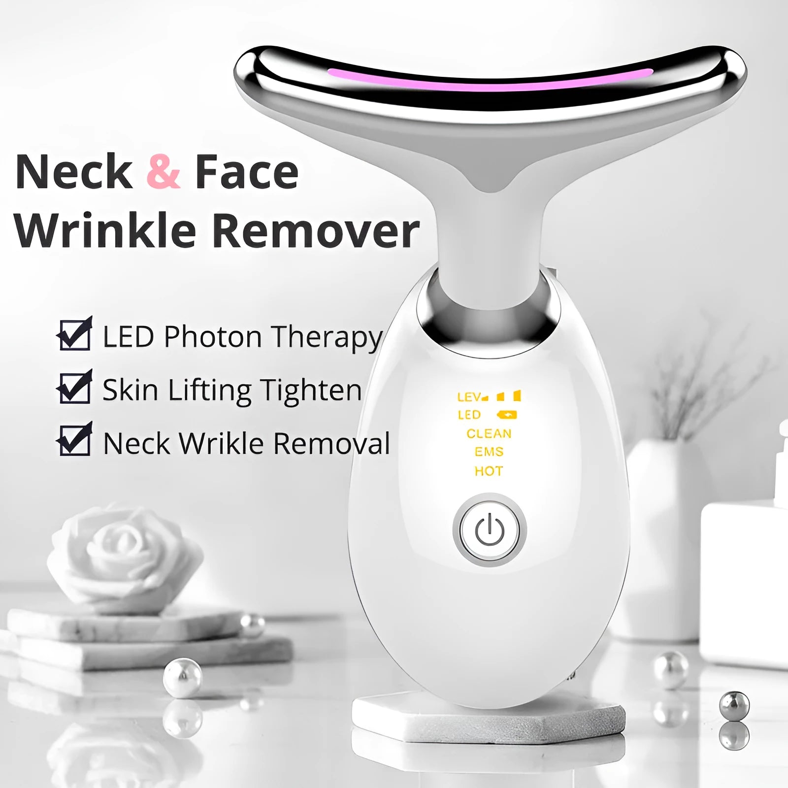 EMS thermal electric neck lifting massager with LED lights on a white background