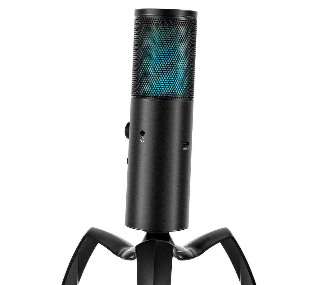 Black Q18 USB condenser microphone with RGB light on adjustable metal tripod.