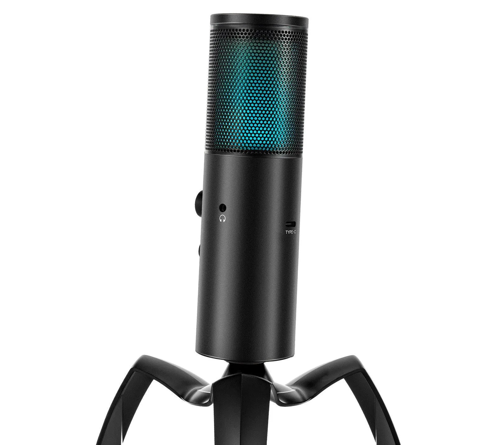 Black Q18 USB condenser microphone with RGB light on adjustable metal tripod.