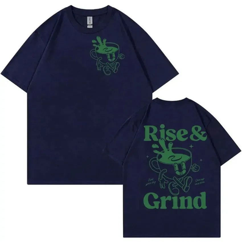 Loose fit black linen t-shirt with green Rise And Grind coffee cartoon print on chest.