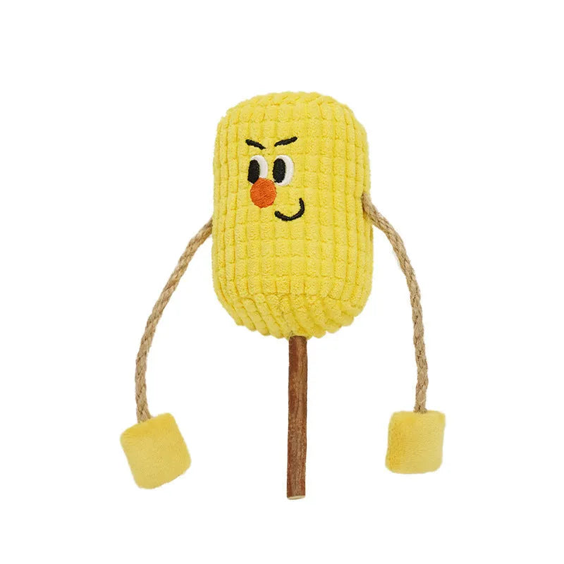 Corn cob shaped cat toy with natural maize husk texture for dental cleaning and molar exercise