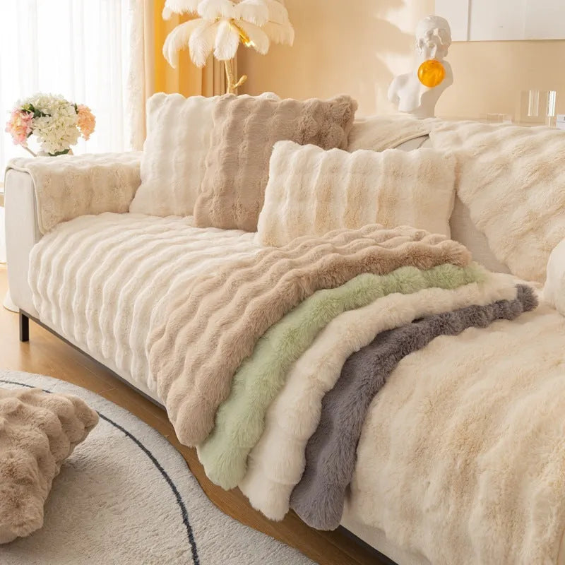 Winter thickened rabbit plush sofa cushion solid colour Green on combination sofa