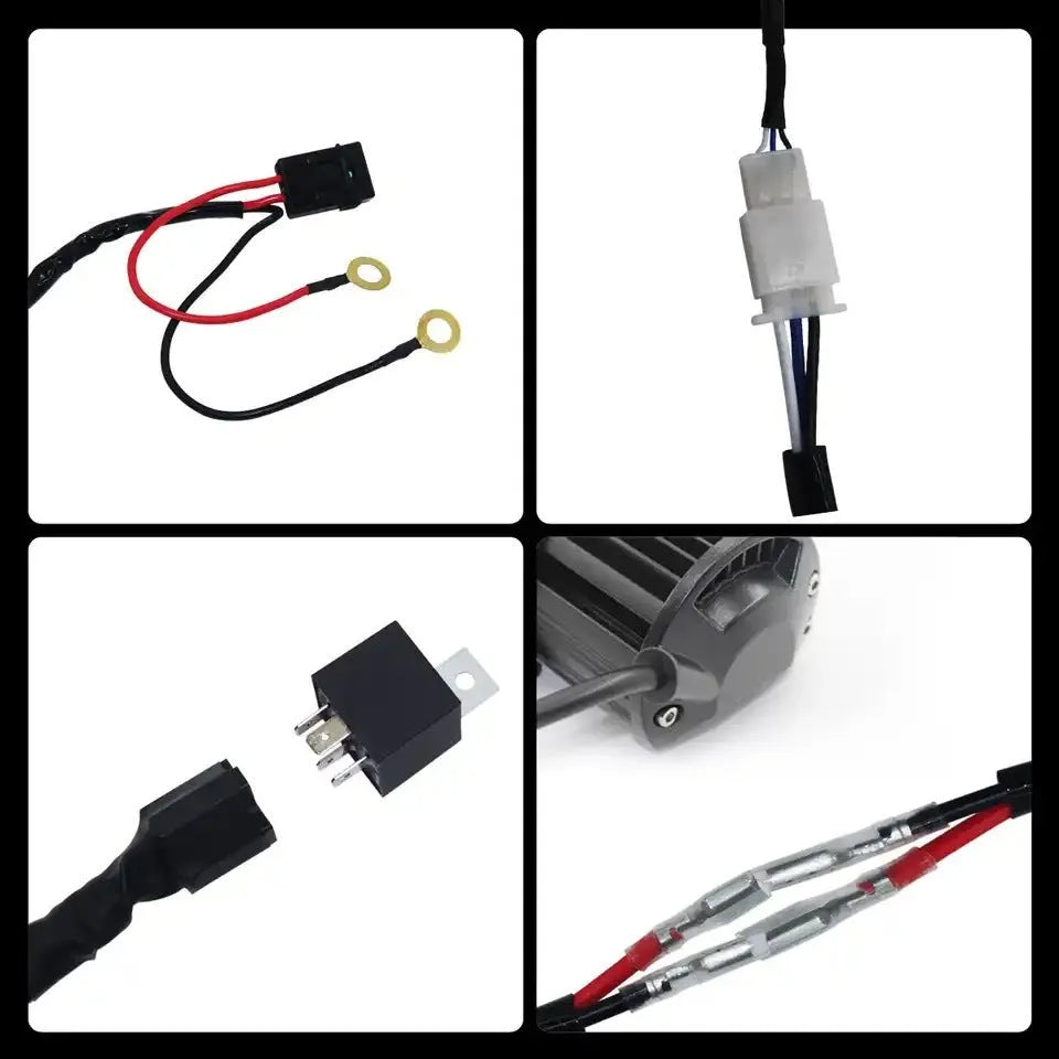 Automotive LED work light wiring harness with 2 metre silicone cable and contact parts