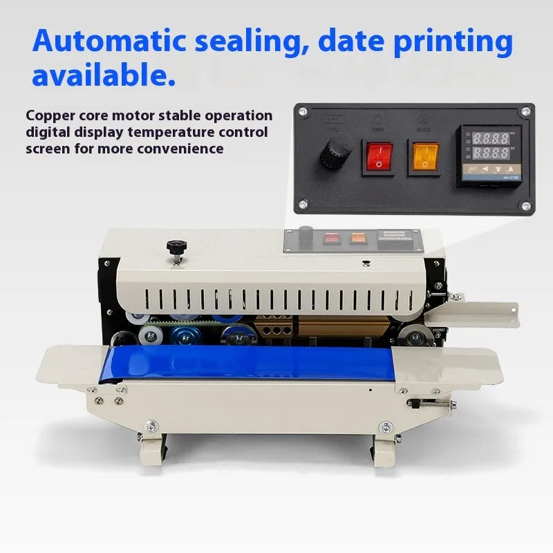 Handheld L1 steel seal style heat sealer with date printer on a countertop.