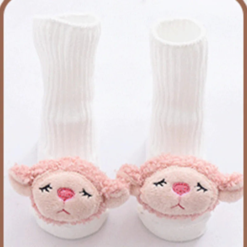 Cotton baby floor socks in various patterns including animal prints, stars, and bows for infants aged 0-3 months
