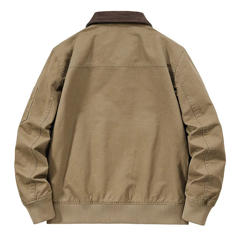 Men's plus size washed cotton baseball flight jacket shown in camel colour.