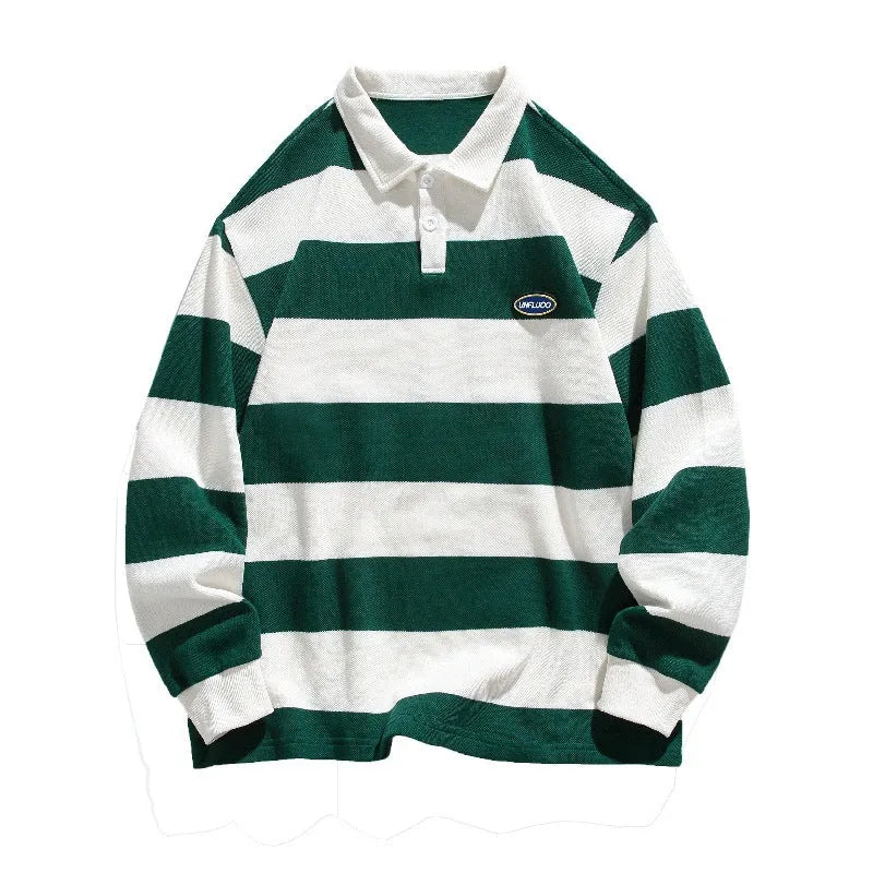 Hong Kong style polo shirt with striped sweater lapel in pearl cotton fabric, loose fit with long sleeves for autumn wear