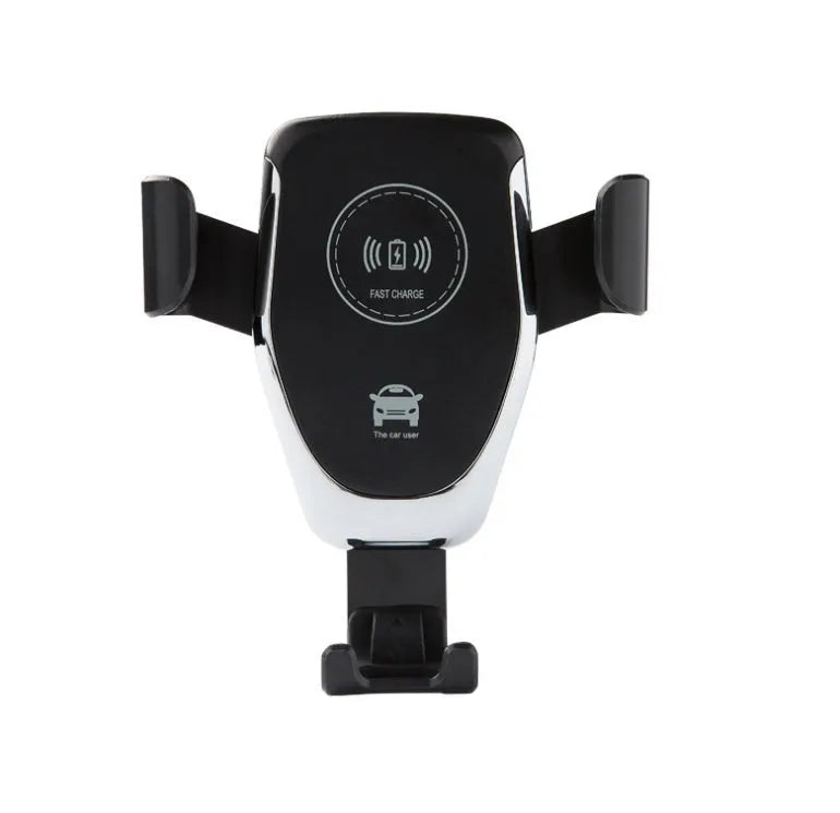 Black wireless car charger with phone clamped, mounted on a car ventilation vent.