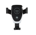 Black wireless car charger with phone clamped, mounted on a car ventilation vent.