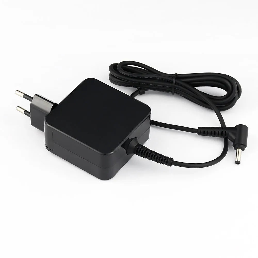 Black 45W laptop power adapter with US plug for HP laptops showing dimensions