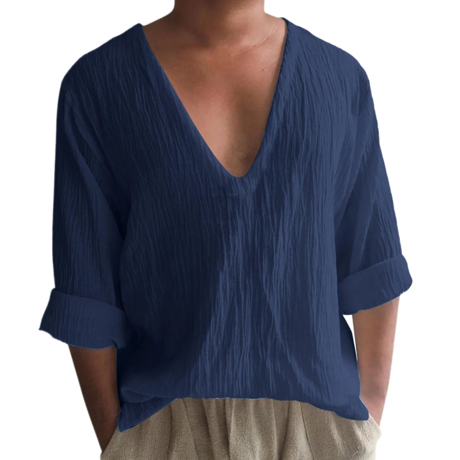 Men's long sleeve V-neck washed cotton t-shirt in solid colours with British style design