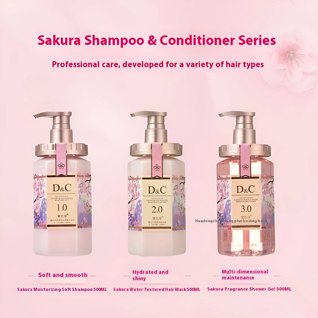 Sakura shampoo conditioner and shower gel wash nursing set with three 500ml bottles