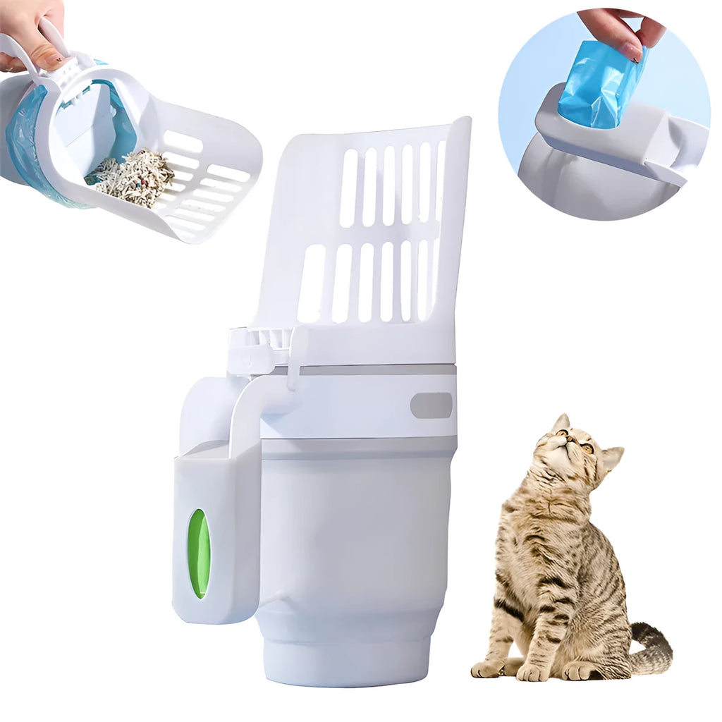 Grey cat litter scoop with attached waste collection bin showing foldable bottom design