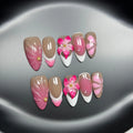 French style artificial nails with three-dimensional fluid ice flower designs on almond-shaped plastic tips