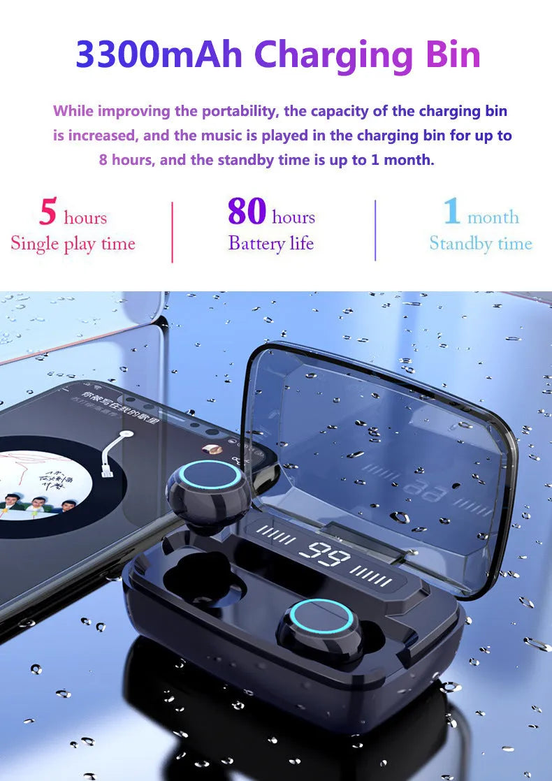 Black M11 style wireless Bluetooth headset with digital display, shown with its charging case that has a built-in mobile phone holder.