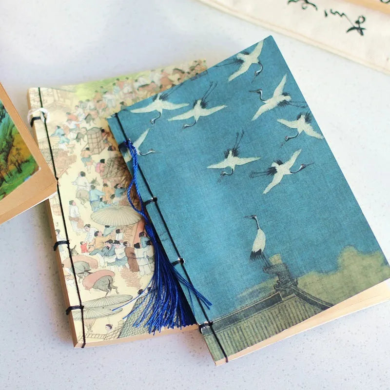 A5 antique wire-bound notebook with retro Chinese painting design on glossy embossed cover