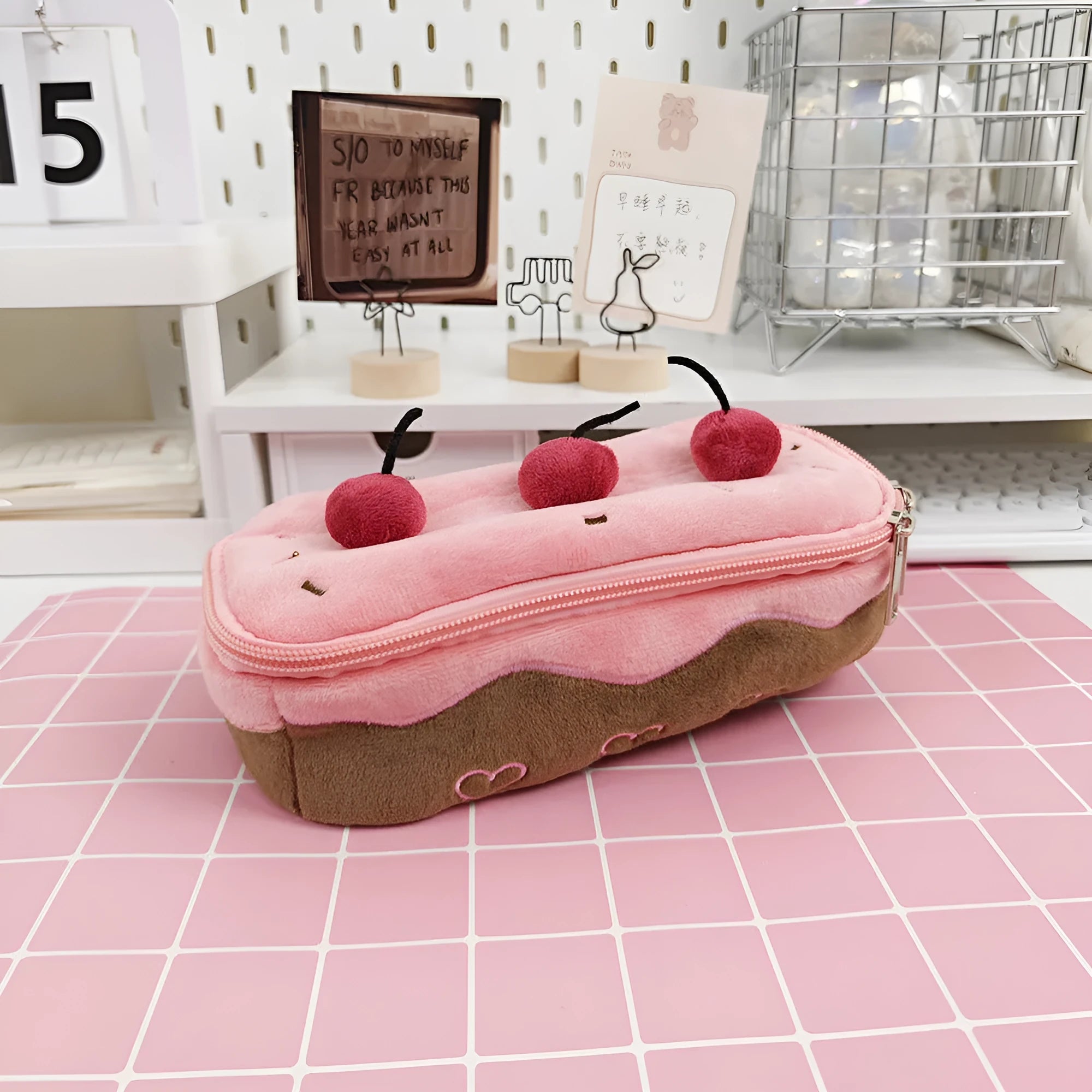 Cherry cake plush velvet pencil case with zip closure in Korean style