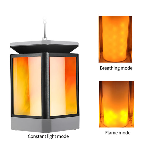 Black antique flame-shaped solar LED garden light with solar panel on top for outdoor pathway illumination