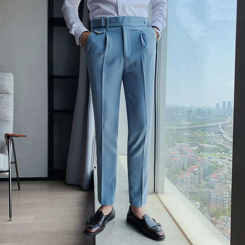 Men's solid colour straight-leg casual trousers in polyester fabric on a hanger.