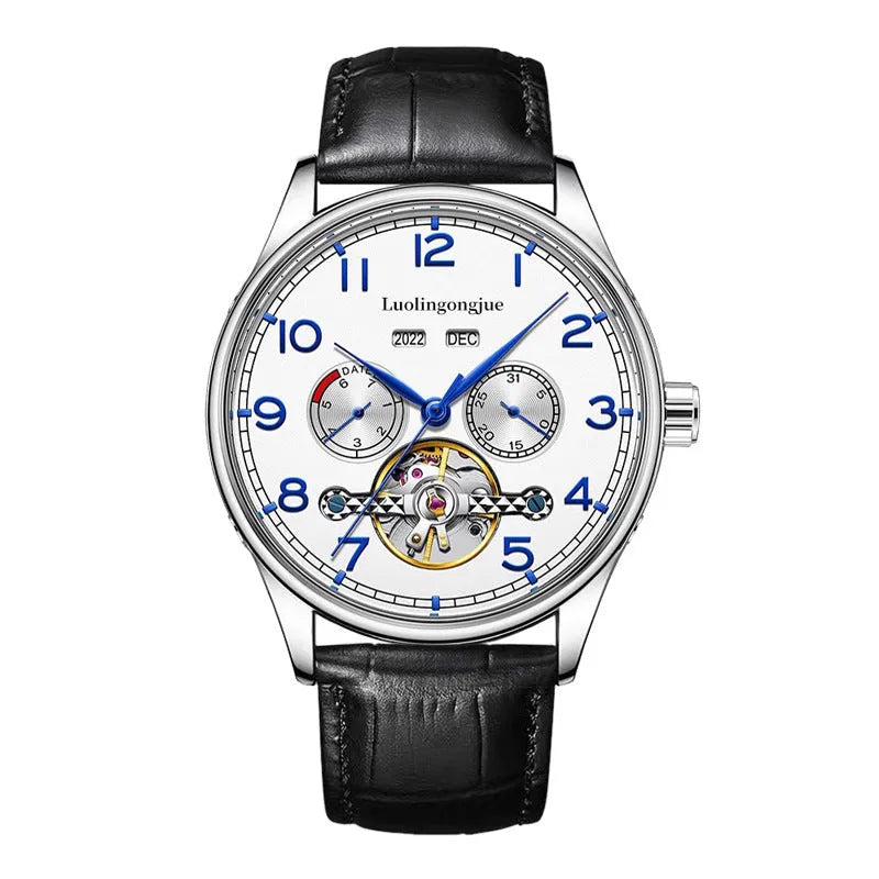 Men's stainless steel business watch with leather strap and sapphire glass, showing transparent case back.