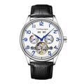 Men's stainless steel business watch with leather strap and sapphire glass, showing transparent case back.