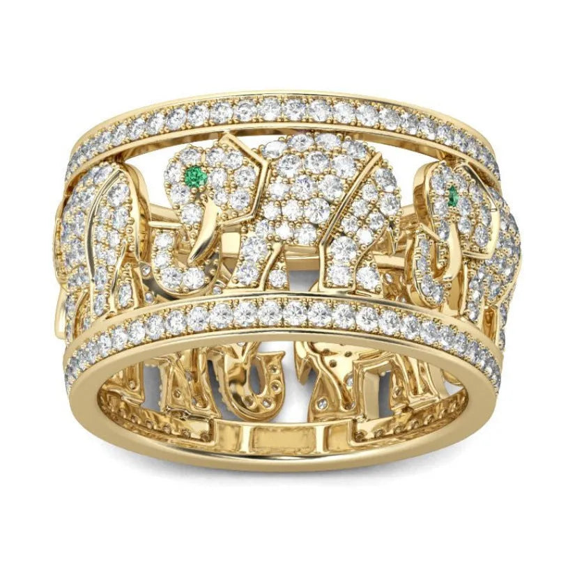 Gold or silver alloy elephant ring fully set with diamond-like stones, showing detailed design.