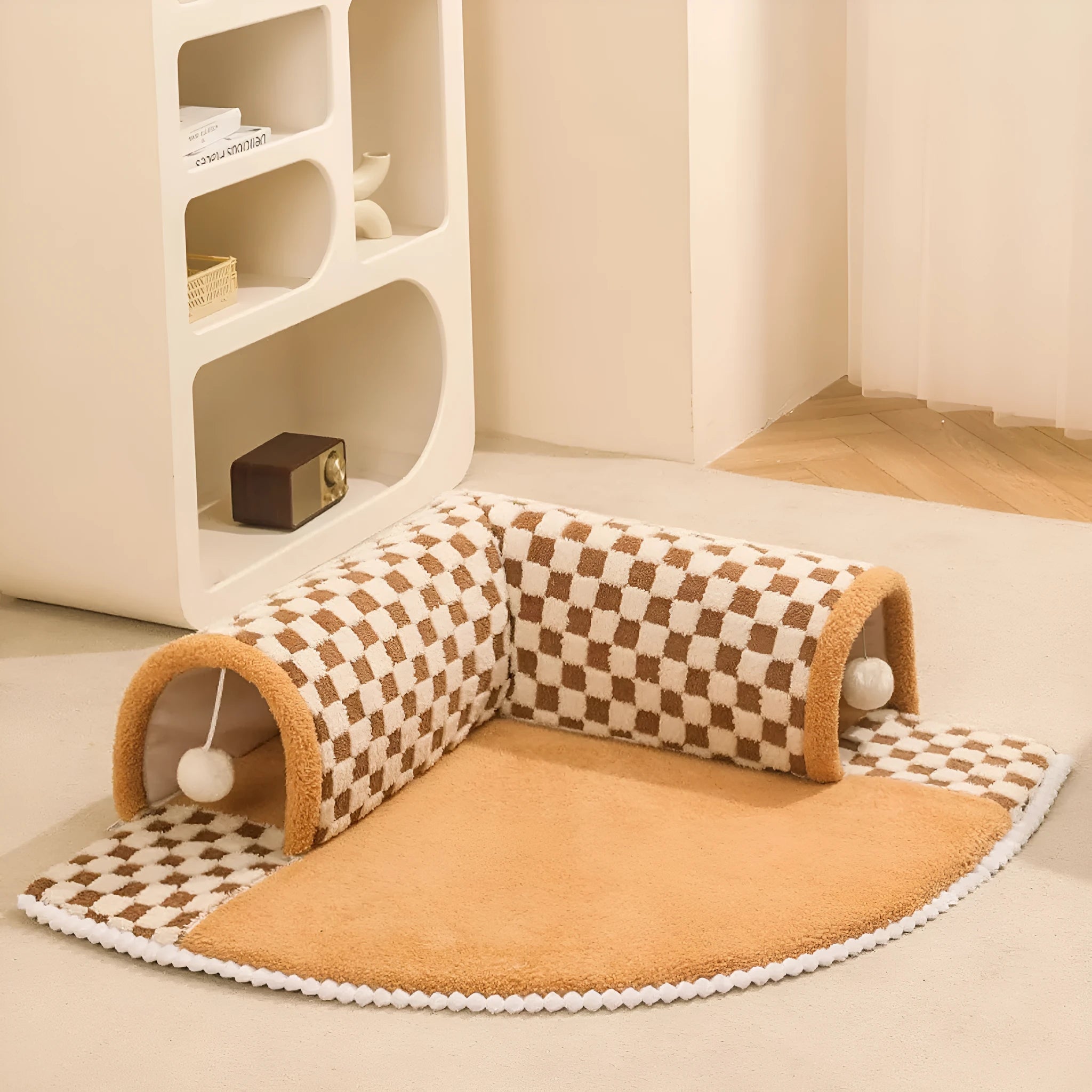 Coffee-coloured plush pet bed with integrated tunnel and anti-slip base for dogs and cats