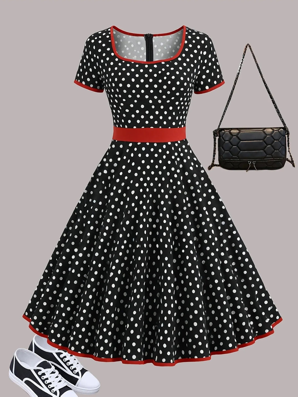 Multicolour polka dot dress with square collar, short sleeves, zip fastening, and pleated midi skirt