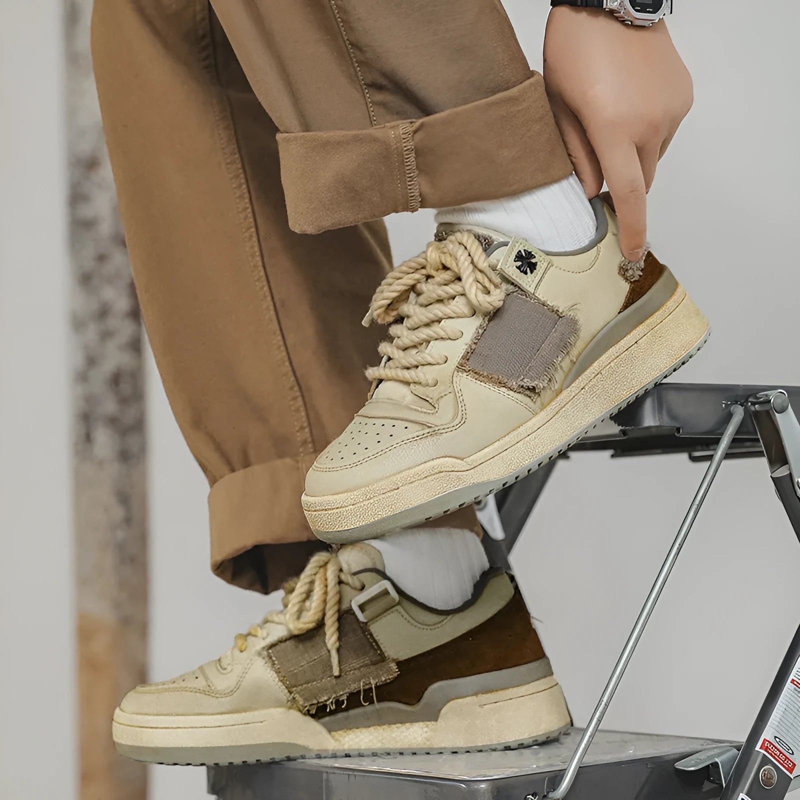 Beige vintage low-top skateboard shoes with round toe and lace-up front
