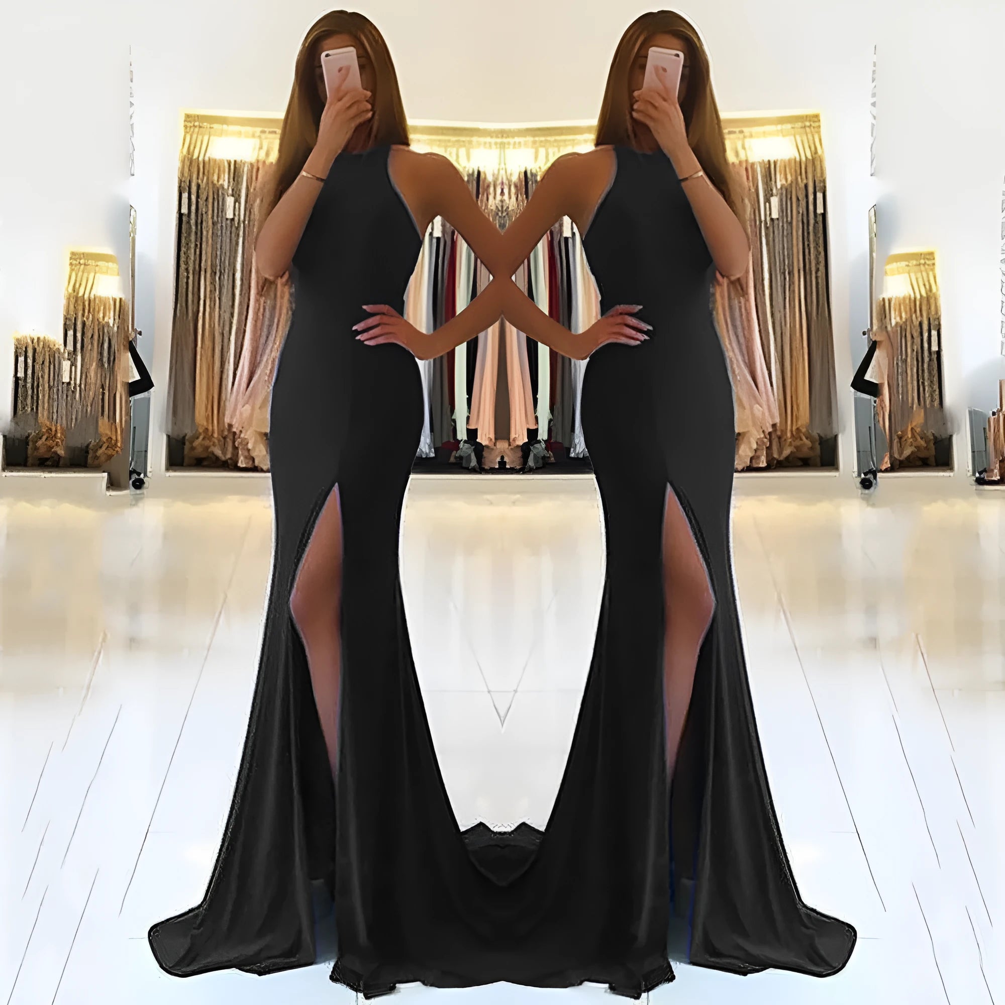 Long red knitted evening dress with high waist, swing skirt, hollow details and zipper.