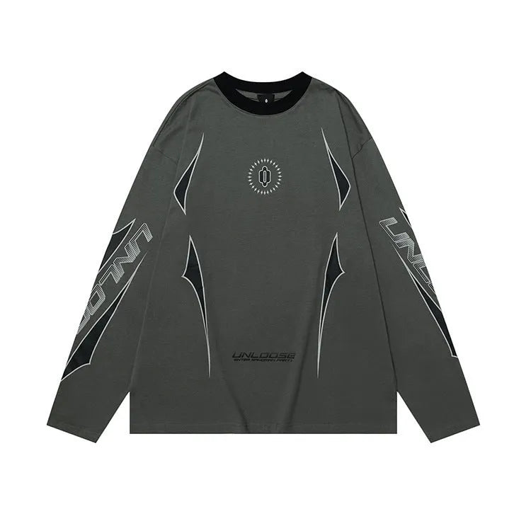 Man wearing a gray khaki loose cotton pullover with letter print and drop shoulder sleeves.