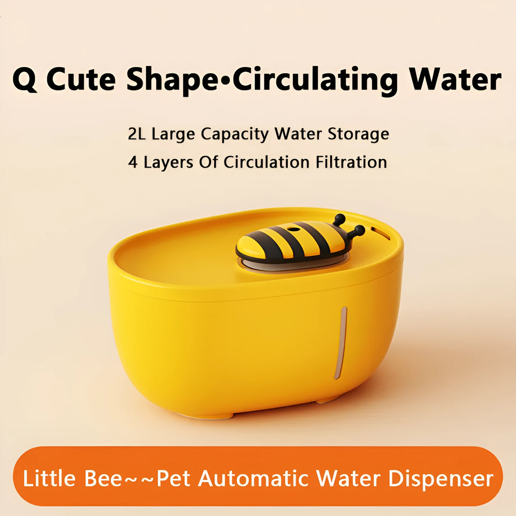 Yellow cat water fountain with filter, water level window, and anti-slip base.