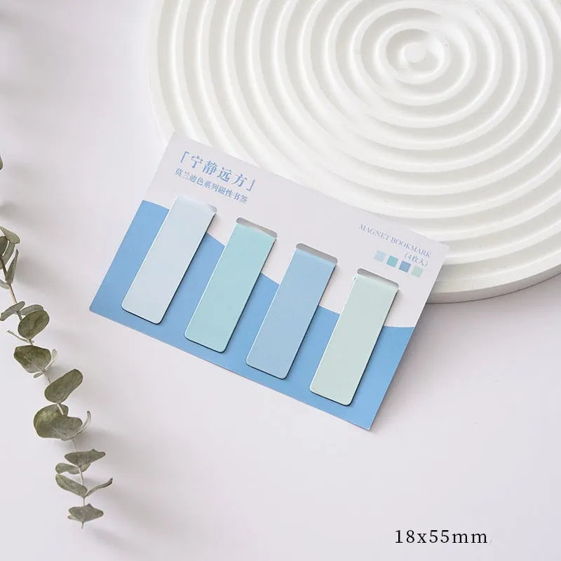 Set of four minimalist Morandi colour block magnetic bookmarks showing magnetic clasp